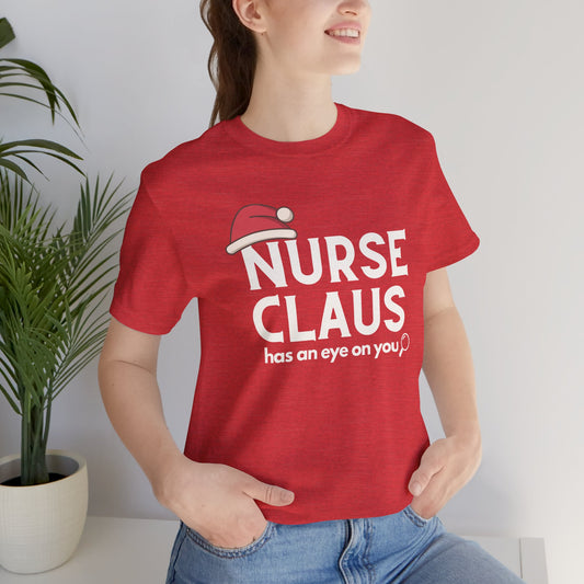Nurse Claus Crewneck T-shirt – Retro Christmas Nurse Gift with Santa Hat and Magnifying Glass