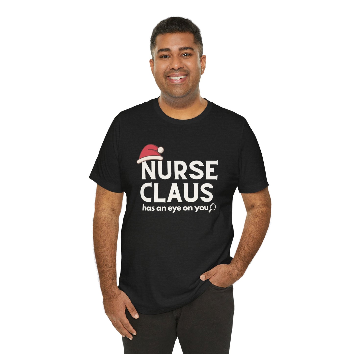 Nurse Claus Crewneck T-shirt – Retro Christmas Nurse Gift with Santa Hat and Magnifying Glass