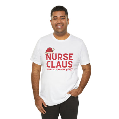 Nurse Claus Crewneck T-shirt – Retro Christmas Nurse Gift with Santa Hat and Magnifying Glass