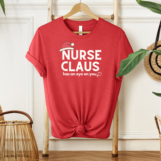 Nurse Claus Crewneck T-shirt – Retro Christmas Nurse Gift with Santa Hat and Magnifying Glass