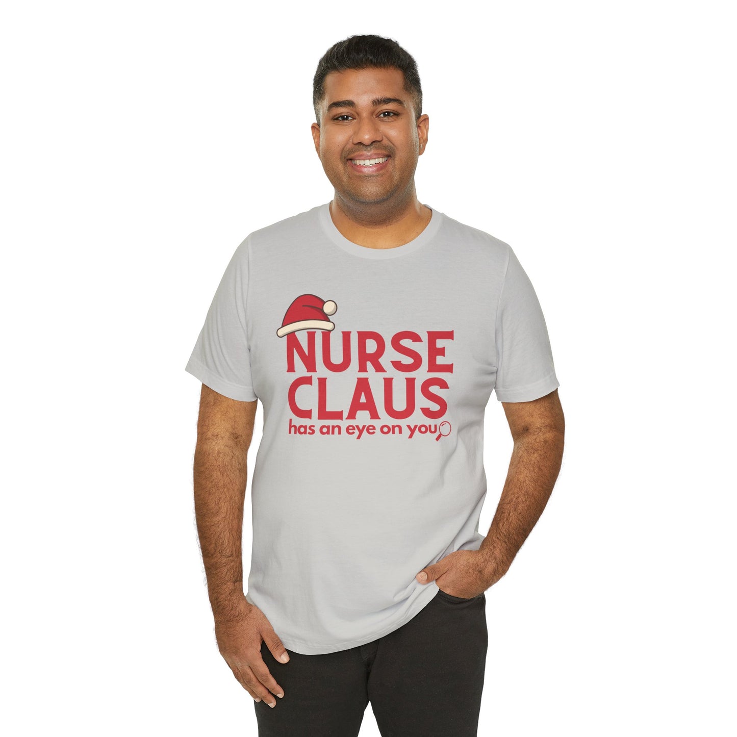 Nurse Claus Crewneck T-shirt – Retro Christmas Nurse Gift with Santa Hat and Magnifying Glass