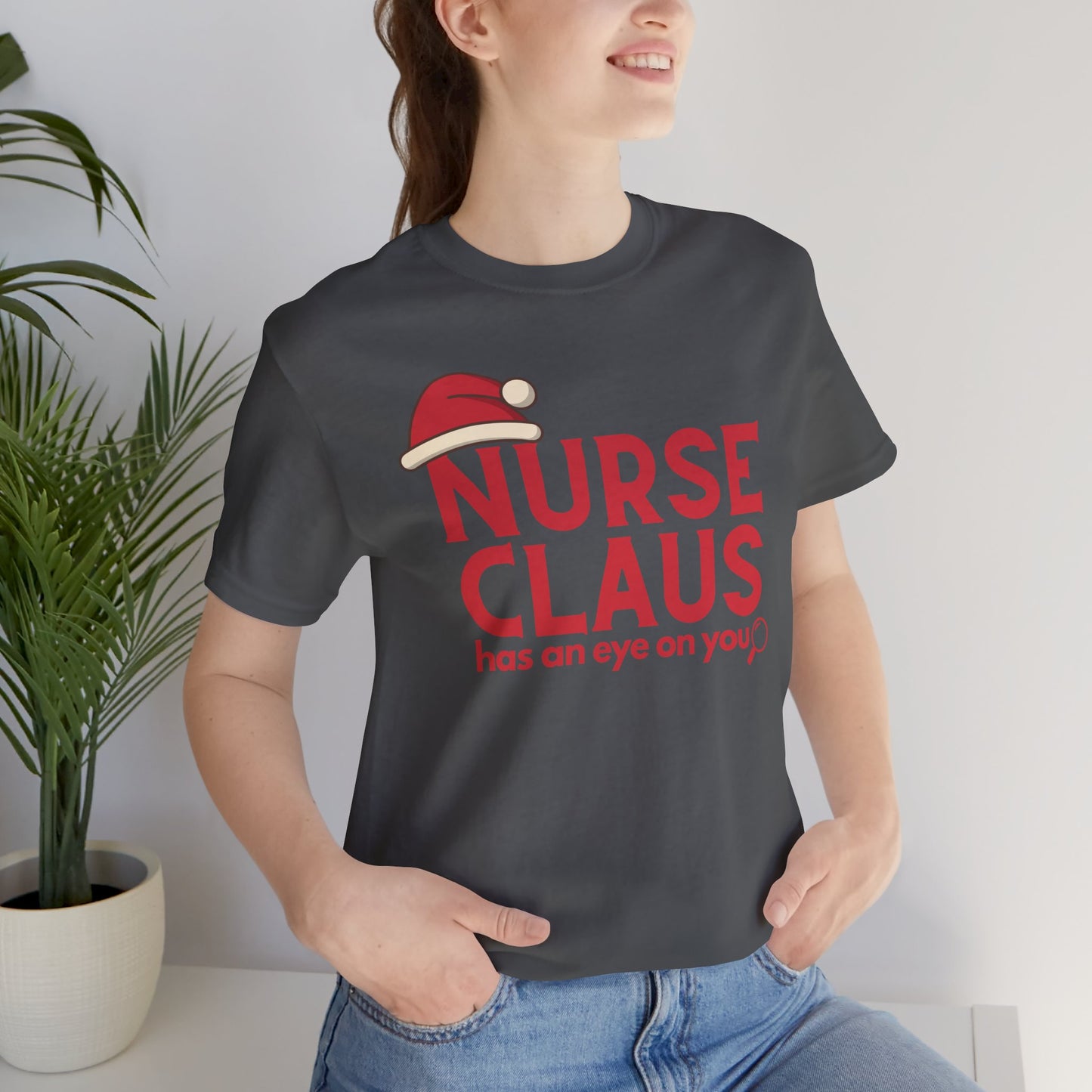Nurse Claus Crewneck T-shirt – Retro Christmas Nurse Gift with Santa Hat and Magnifying Glass