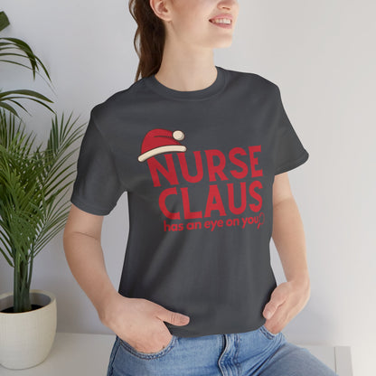 Nurse Claus Crewneck T-shirt – Retro Christmas Nurse Gift with Santa Hat and Magnifying Glass