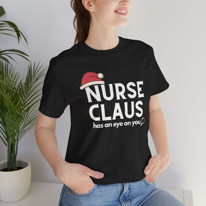 Nurse Claus Crewneck T-shirt – Retro Christmas Nurse Gift with Santa Hat and Magnifying Glass