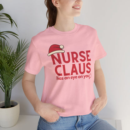 Nurse Claus Crewneck T-shirt – Retro Christmas Nurse Gift with Santa Hat and Magnifying Glass