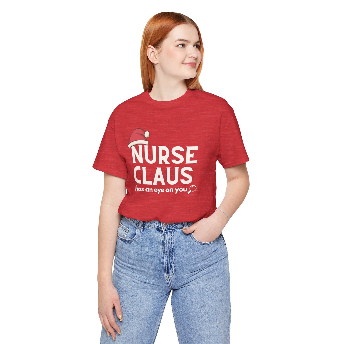 Nurse Claus Crewneck T-shirt – Retro Christmas Nurse Gift with Santa Hat and Magnifying Glass